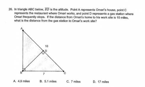 In triangle ABC below, BD is the altitude. Point A represents Omari's house, point C represents the