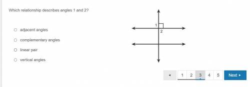 Which relationship describes angles 1 and 2? Select each correct answer.

A)complementary angles
B