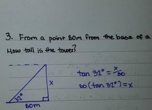From a point 80 m from the base of a tower, the angle of elevation is 32 degrees. How tall is the t