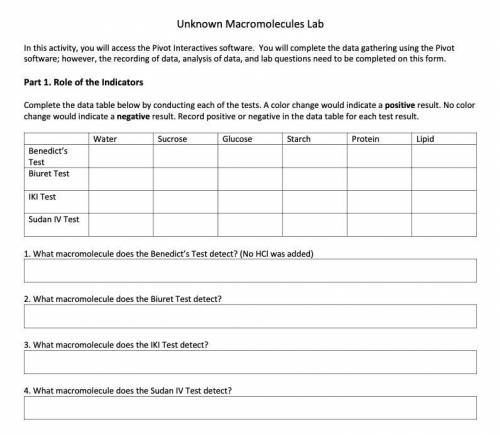 Please Help!

Unknown Macromolecules Lab In this activity, you will access the Pivot Interactives