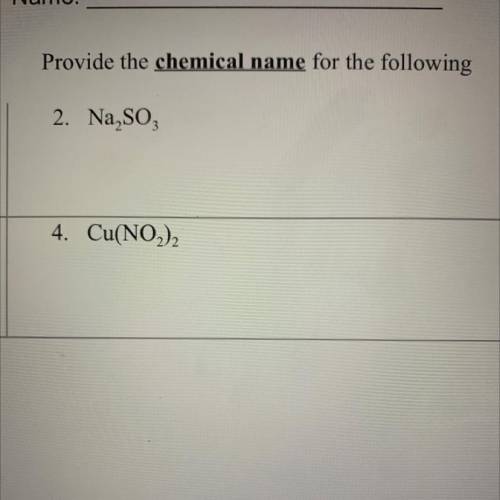 PLEASE HELP WILL GIVE BRAINLIEST

Provide the chemical name for the following
2. Na SO3
4. Cu