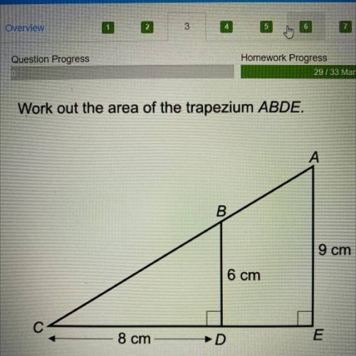 Work out the area of the trapezium ABDE.
9 cm
6 cm