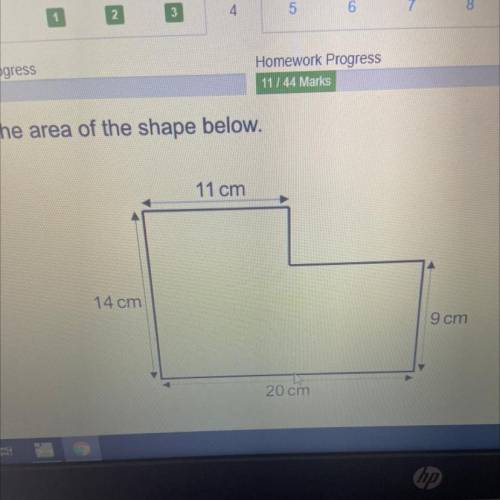 Find the area of the shape below.
11 cm
14 cm
9 cm
20 cm