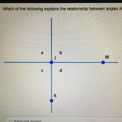 HELP 30pts!!—Which Of the following explains the relationship between angles A and D?

Adjacent an