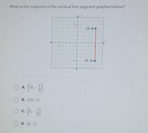 What is the midpoint of the vertical line segment graphed below? (5, 4) (5, -5)

A (10, -½) B. (10