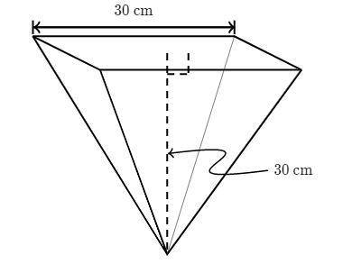 Amira has a pyramid shaped plant pot. It has a square base with a side length of 30\text{ cm}30 cm3