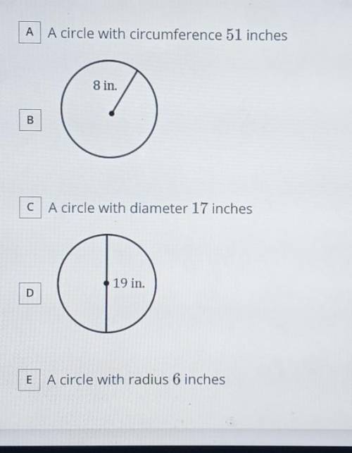 Which circles shown have an area between 200 and 250 square inches? Select all that apply.