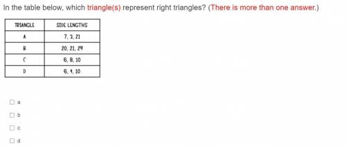 In the table below, which triangle(s) represent right triangles? (There is more than one answer.) p
