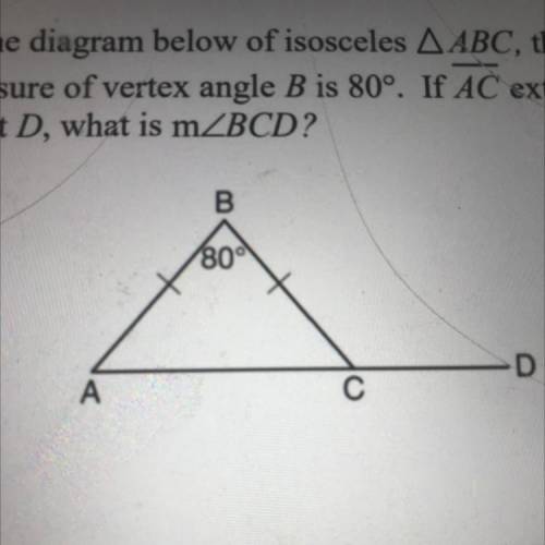 In the diagram below of isosceles ABC, the

measure of vertex angle B is 80°. If AC extends to
poi