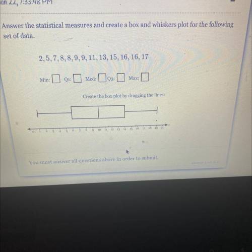 Answer the statistical measures and create a box and whiskers plot for the following

set of data.