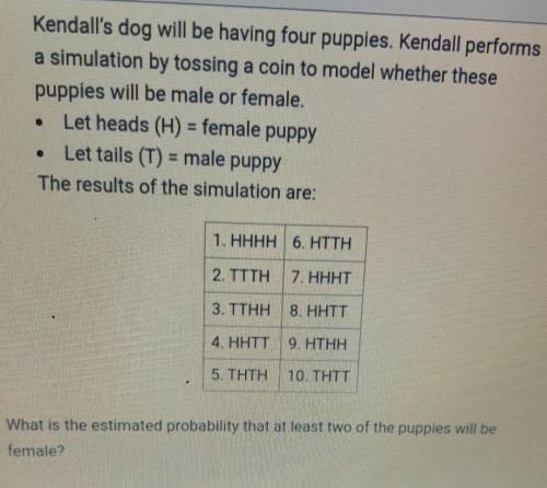 What is the estimated probability that at least two of the puppies will be

female?O A. 5/10 = 50%