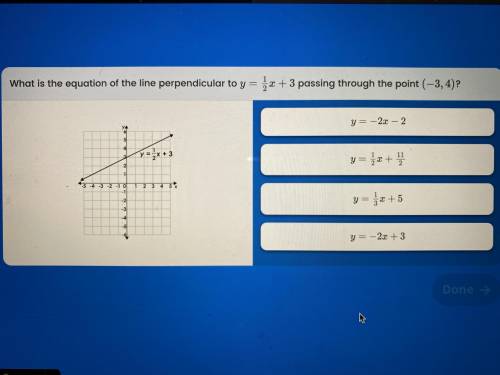 What is the equation of the line perpendicular to y= 1/2x + 3 passing through the point (-3,4)?