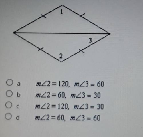 In the rhombus, M<1=120. what are M<2 and M<3? The diagram is not to scale.