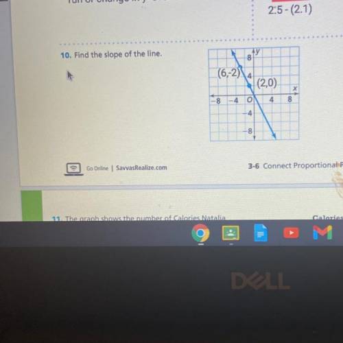 Find the slope of the line? (6,-2) and (2,0)