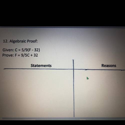12. Algebraic Proof:

Given: C = = 5/9(F - 32)
Prove: F = 9/5C + 32
Statements
Reasons
с