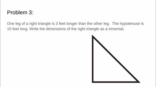 One leg of a right triangle is 3 feet longer than the other leg. The hypotenuse is 15 feet long. Wr