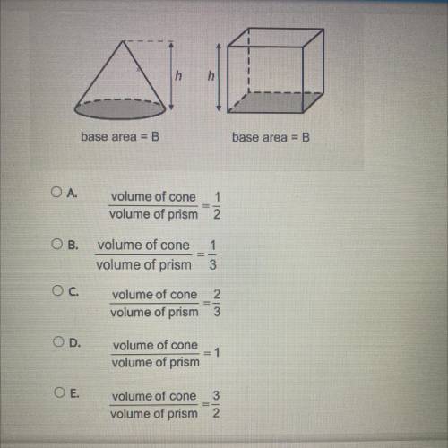 HHEEELPPPPP!! Please

The cone in the diagram has the same height and base area as the prism. What