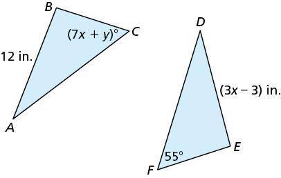 In the diagram, △ABC≅△DEF. Find the values of x and y.