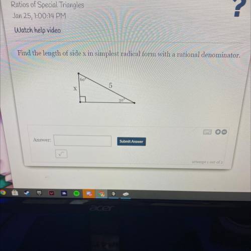 Find the length of side x in simplest radical form with a rational denominator.