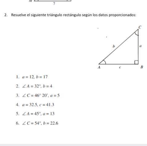 Resuelve el siguiente triángulo rectángulo según los datos proporcionados