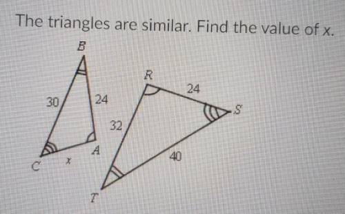 The triangles are similar. Find the value of x.