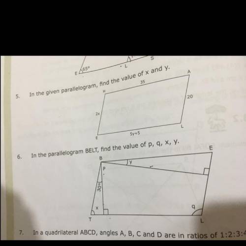 In the given parallelogram, BELT,find the value of p,q,x,y