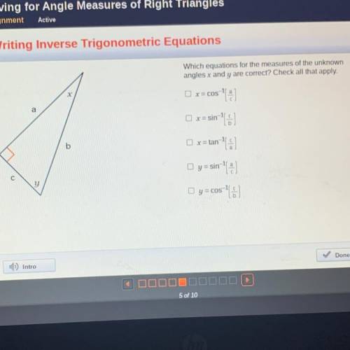 Which equations for the measures of the unknown

angles x and y are correct? Check all that apply.