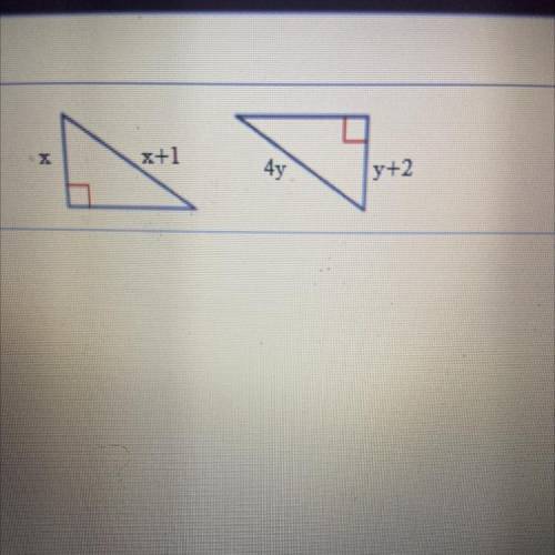 For what values of x and y are the triangles to

the right congruent by HL?
please hurry :(