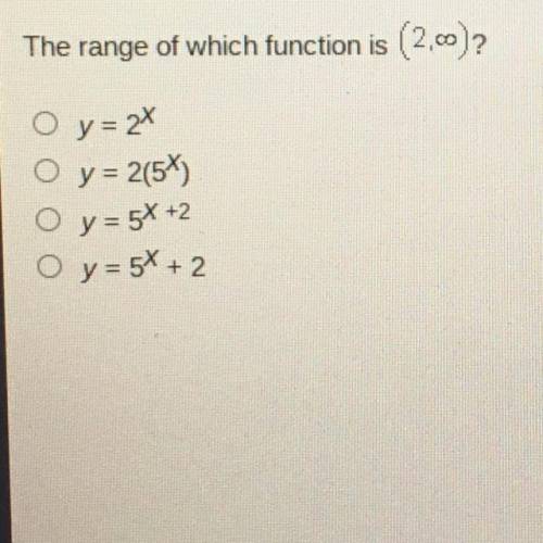 The range of which function is (209)?
y-2x
y = 2(54)
y-5X+2
Oy-5X + 2