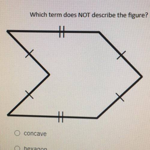 HELPP

what term does NOT describe the figure?
- concave
- hexagon
- polygon
- regular