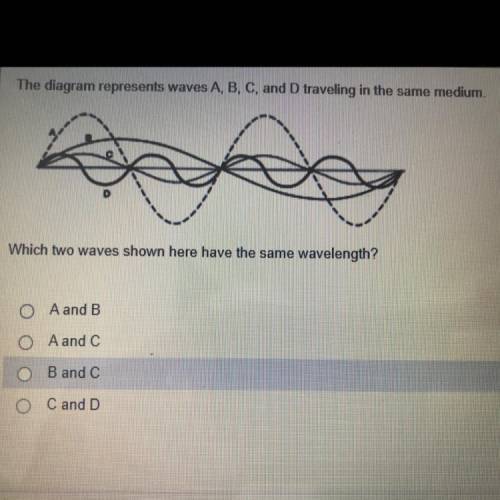 The diagram represents waves A, B, C, and D traveling in the same medium.

Which two waves shown h