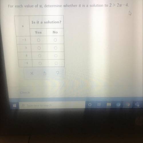 HELP ME PLZ

For each value of u, determine whether it is a solution to 2 > 2u-4.
Is it a solut