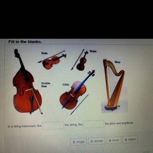 Fill in the blanks.

Violin
Viola
Harp
Double
Bass
Cello
In a string instrument the
the string the