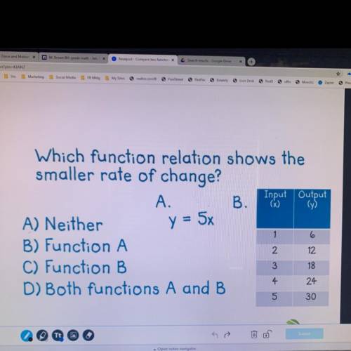 Which function relation shows the smaller rate of change?