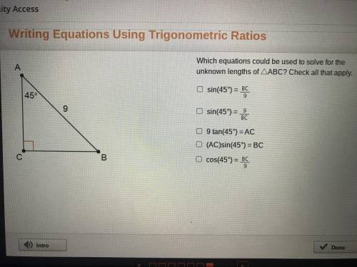 Which equation could be used to solve for the unknown length of triangle ABC? Check all that apply