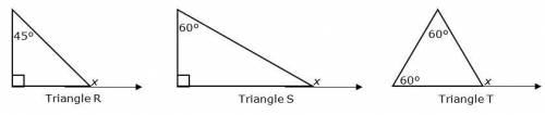 Three triangles are shown.

The measure of the exterior angle shown is represented by x in each tr