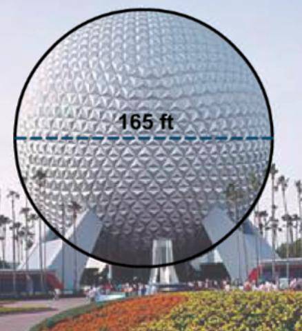 PLEASE HELP ASAP

Find the volume of Epcot Center in cubic ft. The diameter of the sphere is 165 f