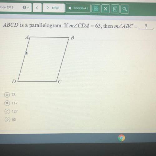ABCD is a parallelogram if m CDA = 63, then m ABC = ?