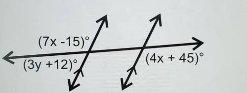 The transversal is crossing two parallel lines. Find the value of x. (7x -15° (4x + 45) (3y +12)
