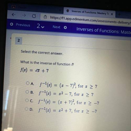 QUICK !! What is the inverse of function f?