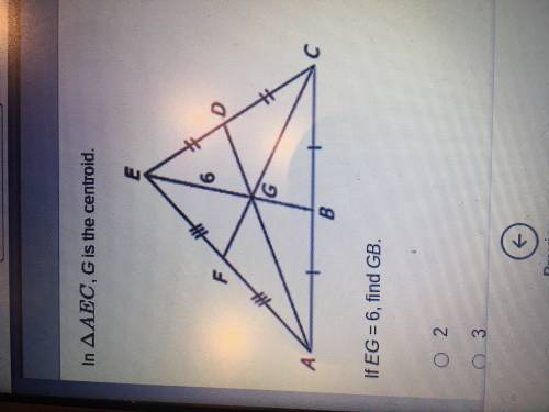 In triangle AEC, G is the centroid. If EG= 6, find GB