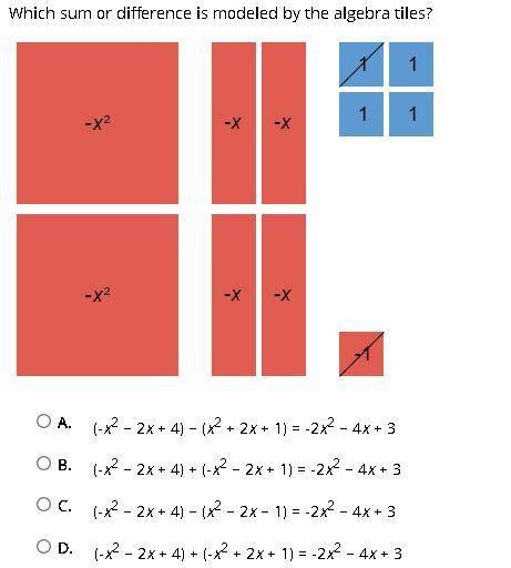 Which sum or difference is modeled by the algebra tiles?

 A. 
(-x2 − 2x + 4) − (x2 + 2x + 1) = -2