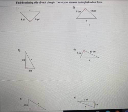 Calculate the hypotenuse. Find the missing side of each triangle, leave your answers in simplest ra