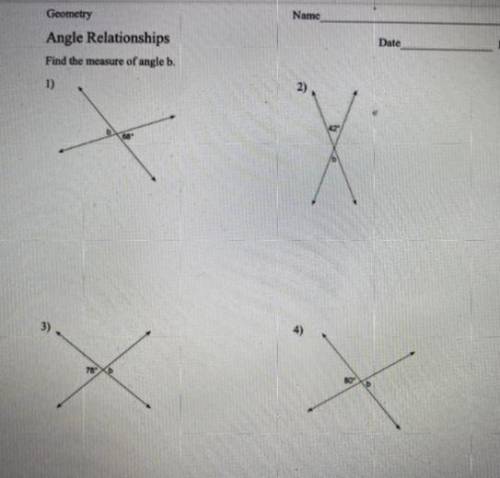 Angle relationships, find the measure of angle “b”.