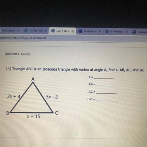 14) Triangle ABC is an isosceles triangle with vertex at angle A, Find x,AB,AC and BC