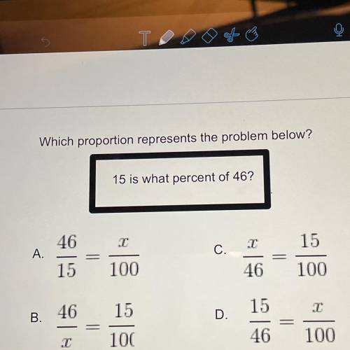 Which proportion represents the problem below?
15 is what percent of 46?
HELP