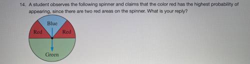 A student observes the following spinner and claims that the color red has the highest probability