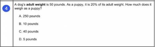 A dog's adult weight is 50 pounds. As a puppy, it s 20% of it's adult weight. How much does it weig