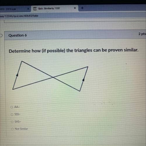 Determine how (if possible) the triangles can be proven similar.

AA
SSS
SAS
Not Similar