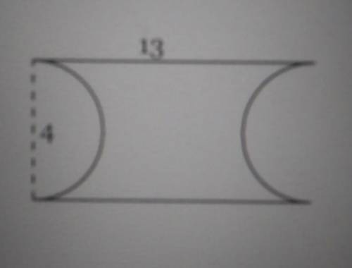 Find the area of the figure below, composed of a rectangle with two semicirlces removed. Round to t